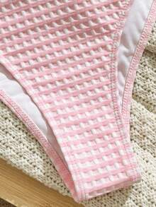 Swim Mod Women's Spaghetti Strap V-Neck Plaid Special Fabric Vacation Sexy High Leg One-Piece Swimsuit - Pink - View 6