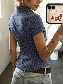 INAWLY Kemeja Polo Wanita Lengan Pendek Pas Badan - Navy Blue - View 2