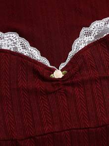 Sweetra Combinaison femme vintage blanche en maille avec patchwork en dentelle, manches longues, style minimaliste élégant et sexy, pour printemps, automne et hiver, brunch et dîner - Rouge foncé - Voir 5