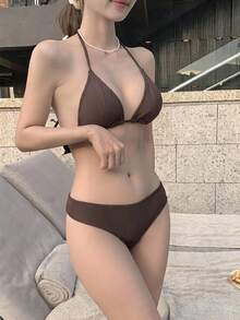 DAZY 3 Pieces Long Sleeve Sun Protection Swimwear Set For Swimming, Vacation And Hot Spring - Brown - View 2