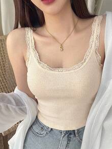 DAZY 女士蕾丝拼接圆领紧身吊带背心 夏季 Y2K - 白色 - 查看 8