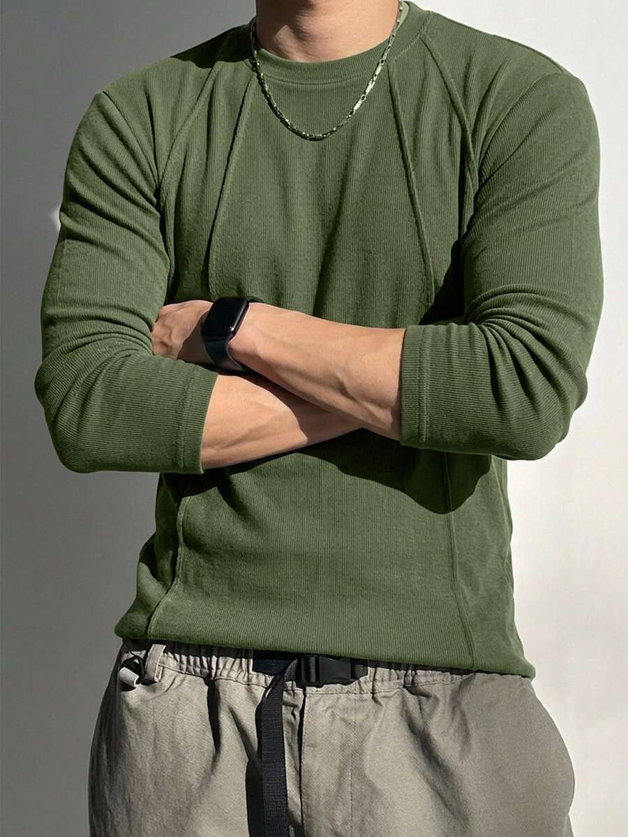 DAZY Autumn Solid Gray Textured Fabric Men's T-Shirt - Army Green - View 1