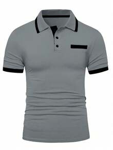 Manfinity Homme 男士休閒條紋半開襟鈕扣短袖 Polo 衫 - 灰色 - 查看 3