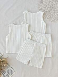 SHEIN 女童小女孩春夏款細肩帶上衣與短褲套裝 素色/多色 2件式內著套裝 全季節適用 - 白色 - 查看 2