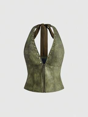 Hippie Retro Hot Girl Dark Brown PU Leather Bronze Studs Decor Women's Vest