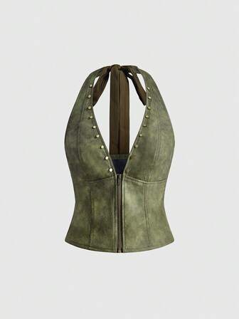 Gilet da donna stile hippie vintage hot girl in pelle PU marrone scuro con decorazioni a borchie bronzate