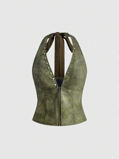 Hippie Retro Hot Girl Damenweste aus dunkelbraunem PU-Leder mit bronzefarbenen Nieten-Dekor
