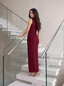 Modelyn Half-High Neck Sleeveless Pleated Versatile Elegant Elegant Vacation Party Dinner Dress Burgundy Summer - Burgundy - View 6