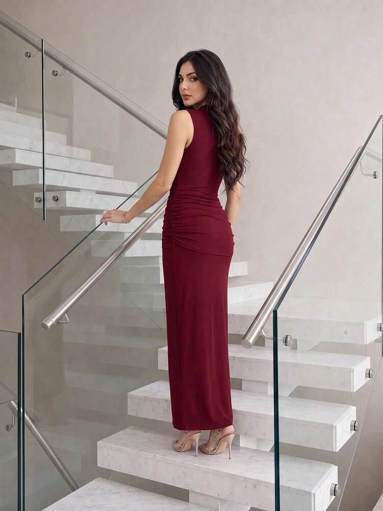Modelyn Half-High Neck Sleeveless Pleated Versatile Elegant Elegant Vacation Party Dinner Dress Burgundy Summer - Burgundy - View 6