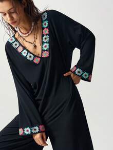 Bohemela Jumpsuit Wanita Lengan Panjang Rajut Warna Polos Kasual - Hitam - View 6