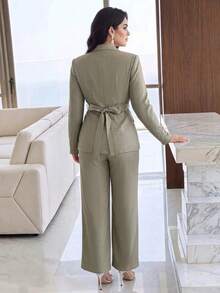 Feyla Setelan Jas Baru Gaya Prancis dengan Desain Unik, Celana Panjang Model Mengembang dengan Ikat Pinggang Ramping, Cocok untuk Perjalanan Sehari-hari, Serbaguna, dan Elegan, Warna Hijau Muda. - Hijau - View 7