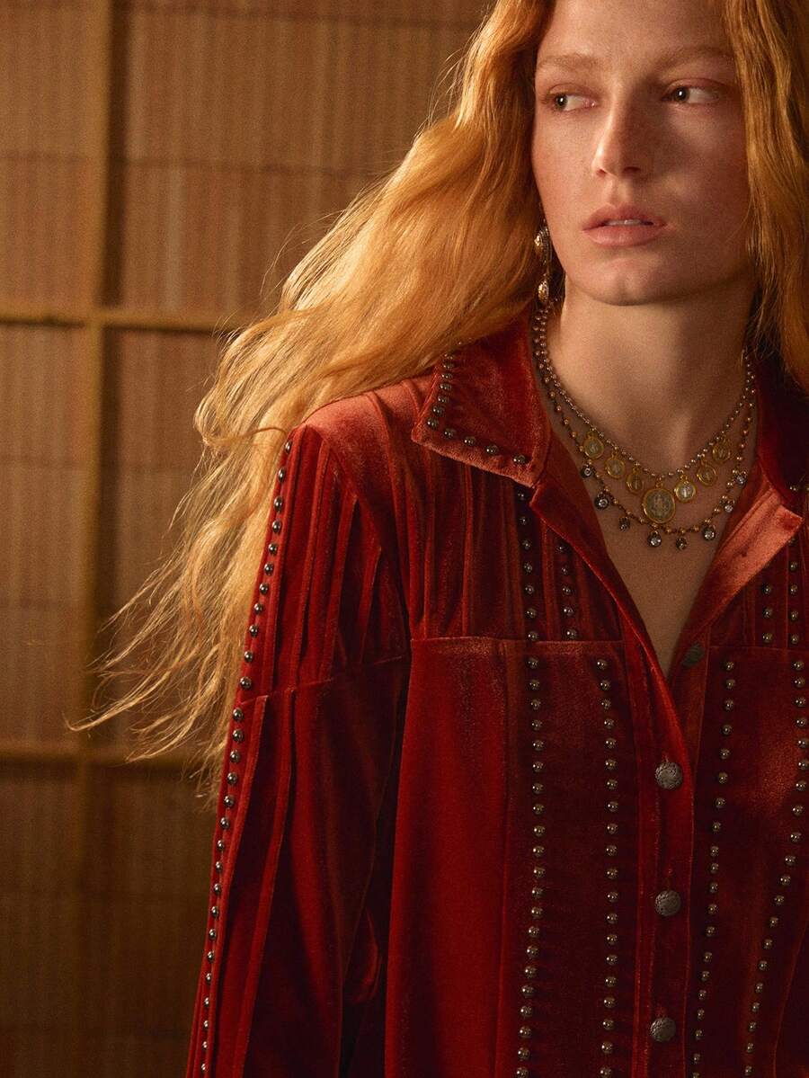 MOTF STUDIO VELVET VINTAGE STUDDED DETAIL LONG SLEEVE SHIRT - Rust Brown - View 1