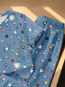 (1 Set) Girls' Fashion Casual Fresh Daily Colorful Diamond Heart Pattern Basic Short T-Shirt And Wide Leg Pants - Multicolor - View 5