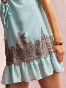 Willow Rêve Women's Light Blue Lace-Trim Pleated Mini Cami Dress, V-Neck Tie Front, Floral Ruffle, Relaxed Fit,Boho Romantic Summer Vacation,Elegant Party Dresses - Teal Blue - View 3