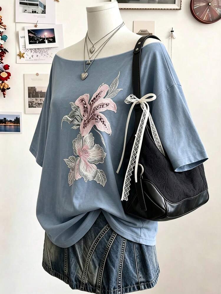 Lalippa Kaos Wanita Ukuran Besar Motif Bunga Kasual Serbaguna untuk Pemakaian Sehari-hari - MultiWarna - View 3