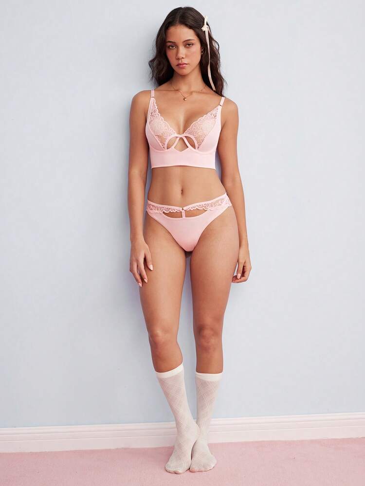 Elorette Women's Sexy Lace Cutout Bra And Panty Lingerie Set - Pink - View 5