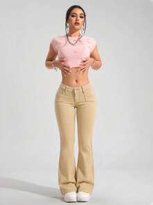 SHEIN EZwear 女款休閒百搭喇叭褲牛仔褲，附口袋 - 卡其色 - 查看 4