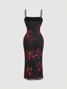 SHEIN MOD Plus Size Elegant Black Burgundy Large Floral Mesh Cami Maxi Dress, Vintage Bodycon Birthday Party Wedding Vacation Summer Dress For Women - Multicolor - View 5