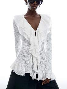LYSMO Women's Lace Ruffle Fashion Versatile Blouse - Beige - View 8
