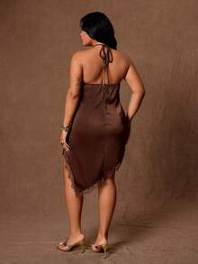 Rustia Plus Size Women Lace Patchwork Casual Party Halter Neck Dress - Coffee Brown - View 2