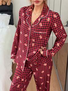 Napfluff Women's Bubble Crinkle Christmas Pattern Printed Long Sleeve Long Pants Plaid Pajama Set - black red - View 5