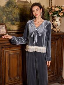 PalaceNights Autumn/Winter Velvet Long Sleeve Ruffle Trim Pajama Set - Dusty Blue - View 3