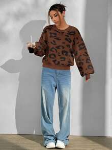 SHEIN Unity Loose Casual Versatile Leopard Print Sweater - Multicolor - View 5