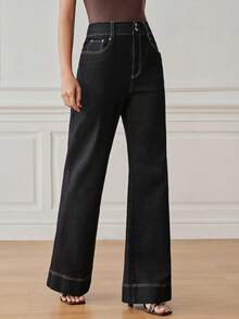 Anewsta Essential Fashionable Modern Washed Denim Work Outfits For Women, Casual Versatile Contrast Stitching Minimalist Flared Jeans For Commuting - Navy Blue - View 6