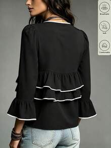 SHEIN Women's Piped Deep V-Neck Long Sleeve Multi-Layer Ruffle Fashion Blouse - Black - View 2