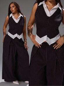 Rustia Plus Size 2 Pieces Set Casual Comfortable Vest Top And Long Pants Set, Spring Summer Autumn - Brown - View 1