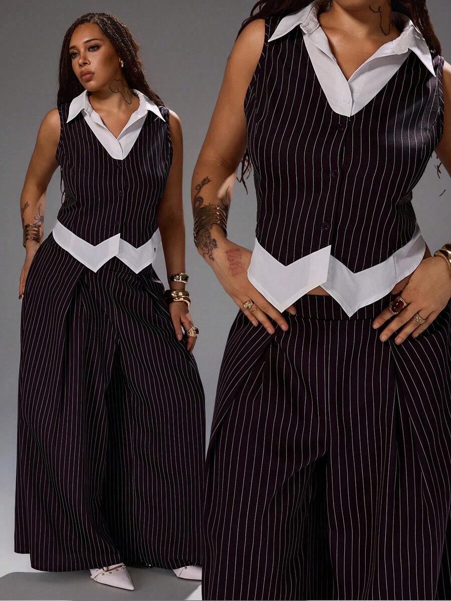Rustia Plus Size 2 Pieces Set Casual Comfortable Vest Top And Long Pants Set, Spring Summer Autumn - Brown - View 1