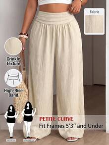 SHEIN PETITE CURVE Pantalones de pierna ancha con cintura fruncida de unicolor para mujer talla grande otoño - Albaricoque - Ver 5