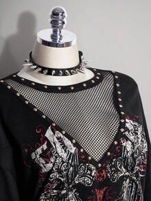 SHEIN ICON 大尺碼 Y2K 哥德風優雅復古龐克印花網布拼接鉚釘休閒衛衣，黑色，適合萬聖節、秋季、夜店派對 - 黑色 - 查看 6