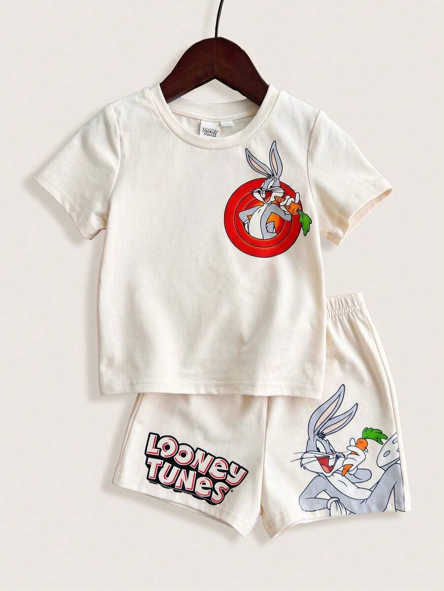 LOONEY TUNES X SHEIN 男嬰卡通圖案印花圓領短袖T恤與休閒短褲套裝 - 杏色 - 查看 1