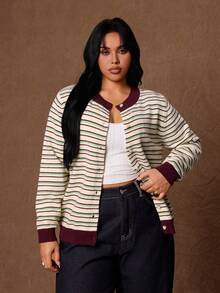 Rustia Cardigan Kasual Serbaguna Wanita Ukuran Plus Motif Garis-Garis Blok Warna untuk Aktivitas Sehari-hari di Musim Dingin - MultiWarna - View 7