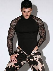 DSELFIQUE Men's Lace Patchwork Stand Collar Sexy Versatile Jumpsuit - Black - View 1