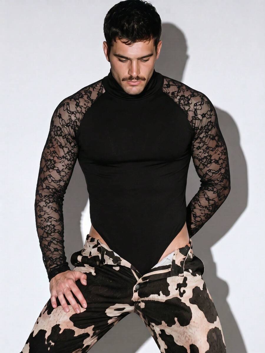 DSELFIQUE Men's Lace Patchwork Stand Collar Sexy Versatile Jumpsuit - Black - View 1