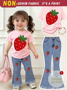 Pakaian Bayi Perempuan Musim Semi dan Musim Panas, Busana Kasual Modis Kreatif Personalisasi Motif Buah Stroberi Kecil Musim Panas Segar, Set Kaos Pendek dan Celana Panjang Model Flare, Gaya Musim Panas dan Gugur yang Nyaman, Cocok untuk Pakaian Bayi Perempuan di Musim Semi, Musim Panas, dan Musim Gugur. - MultiWarna - View 3