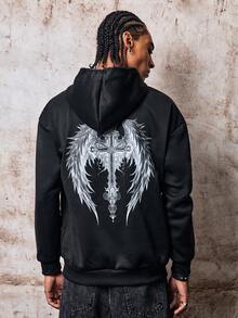 Skyrend Men Dark Gothic Cross Wing Print Thermal Fleece Oversized Hoodie Street Style Warm Hooded Sweatshirt Fall/Autumn/Winter Grunge - Black - View 3