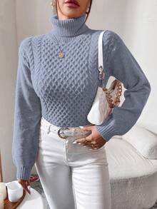 EURMUSE Turtleneck Cable Knit Sweater - Blue - View 6