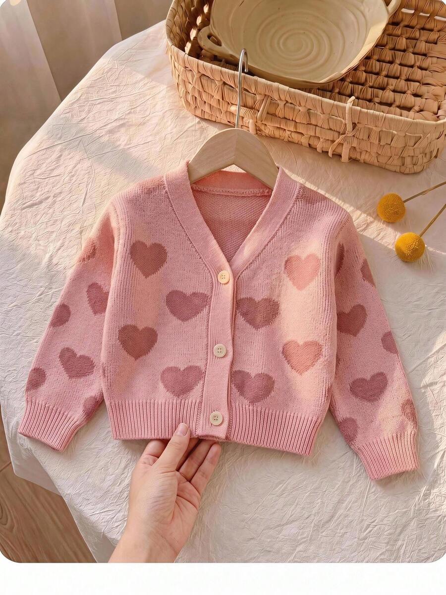SHEIN Baby Girl Girls Cute Lightweight Autumn Winter Sweater Cardigan Featuring An Allover Heart Pattern And Ribbed Trim, - Pink - View 1