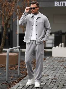 Manfinity CasualCool 男士休閒時尚百搭灰色麂皮天鵝絨夾克套裝 - 灰色 - 查看 6