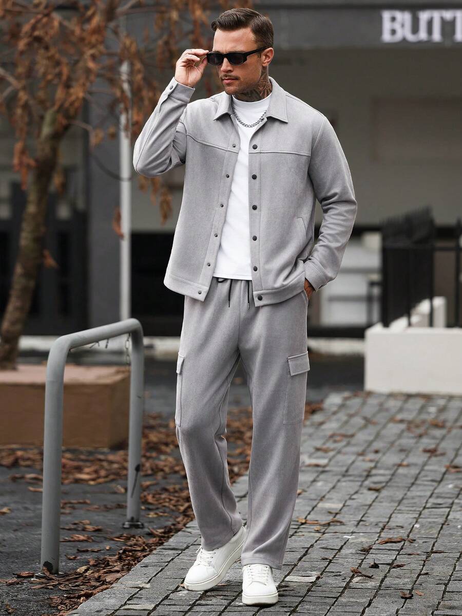 Manfinity CasualCool 男士休閒時尚百搭灰色麂皮天鵝絨夾克套裝 - 灰色 - 查看 1