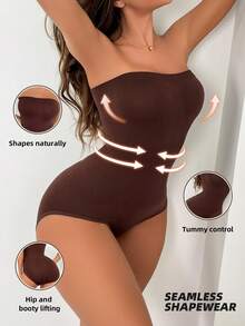 SHEIN Women Fashionable Solid Color Seamless Bodysuit Shapewear - Coffee Brown - View 5