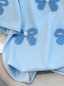 SHEIN EZwear 数码印花蝴蝶结铆钉T恤，新款蝴蝶结衬衫，大学蓝可爱上衣，休闲上衣，最新款女士加大码休闲简约圆领短袖T恤，适合夏季穿着 - 彩色 - 查看 5