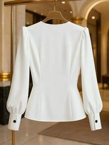 Velvienne Plus Size Women Elegant Long Sleeve Button-Up Blouse With Ruffle Hem Fall - White - View 2