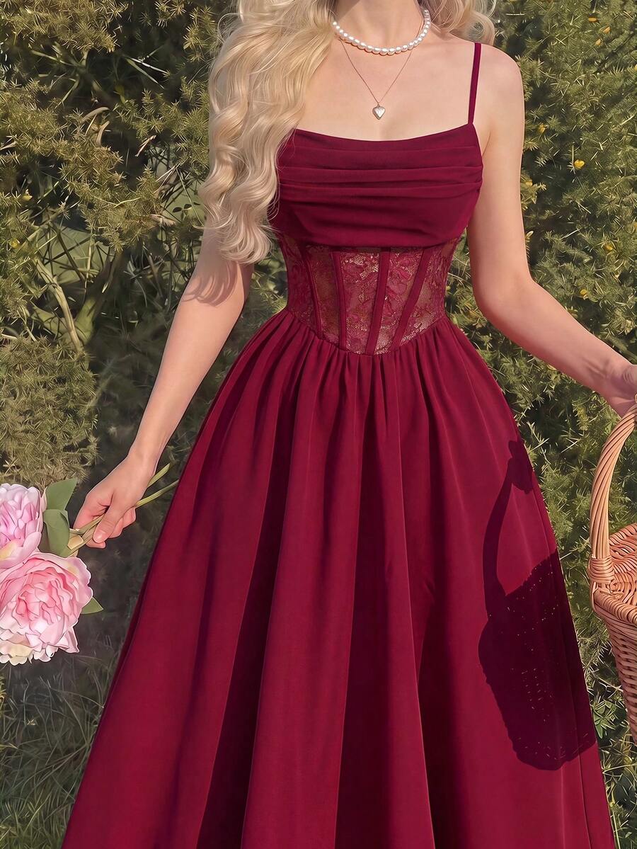 Skyraze Ruffled Lace Waistband Vintage Elegant Spaghetti Strap Burgundy Midi Dress Date Night Summer,Women Festival Outfits ,Party,Dresses For Holiday