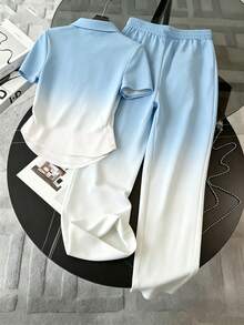 Resyla Gradient Digital Print Fashion Minimalist Women's Lapel T-Shirt + Long Pants Set, Friend's Gift - Multicolor - View 2