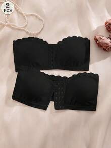 SHEIN Bra Set, Front Closure Wavy Edge Push-Up Removable Cup Pads, 2pcs - Black - View 3