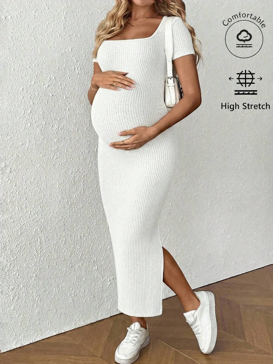 SHEIN Maternity Casual Solid Color Side Slit Fitted Dress, Summer - White - View 1